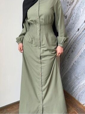 Veiled Lila Linen Blend Button Down Cinched Waist Maxi Dress